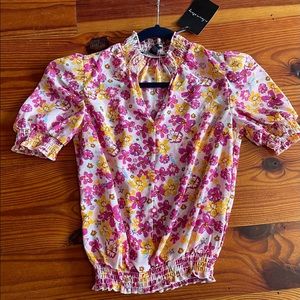 A… love story floral baby doll top blouse puff sleeve smocked new